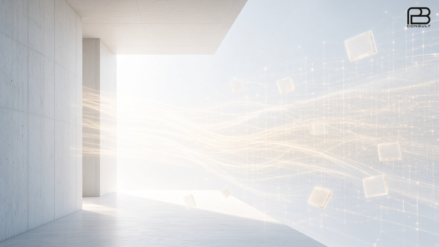 Durchgang aus Beton ins digitale Licht, mit dem Zeichen der pB Consult