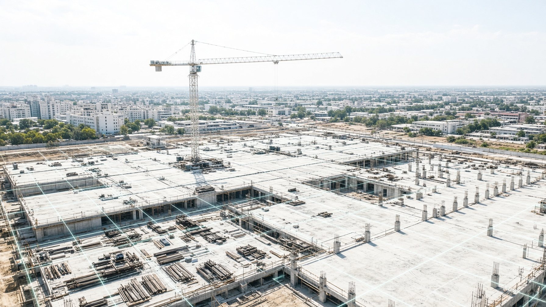Baustelle aus der Luft, mit einem feinen Lichtgitter im Morgenlicht
