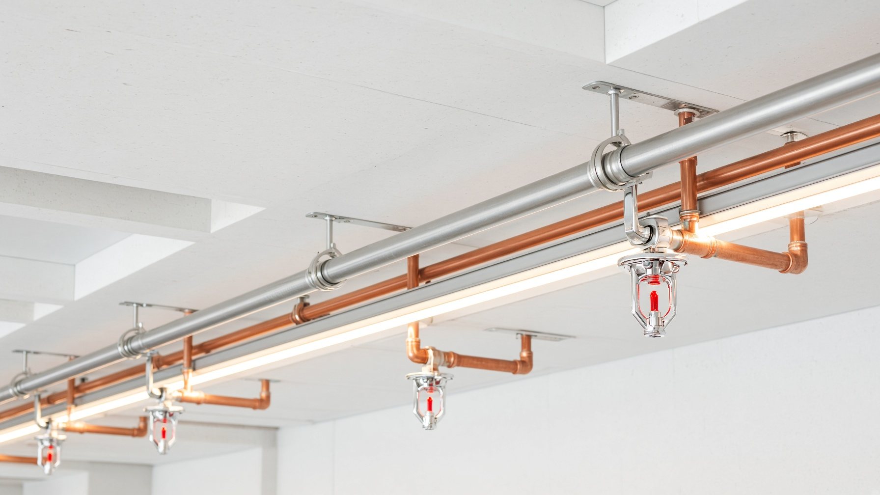 Sprinkleranlage mit leuchtenden Leitungen unter einer Sichtbetondecke